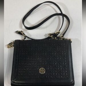 Women’s Tory Burch Elegant Black Quilted Leather Fold Over Crossbody Bag